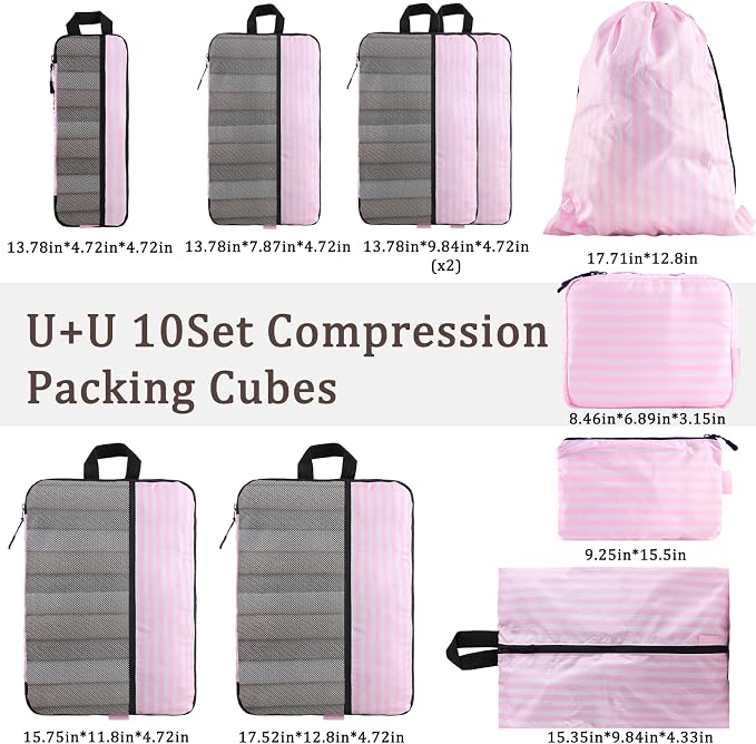 U+U 10 Set Compression Packing Cubes, Travel Organizers (Pink Stripe) | Space-Saving & Complete Travel Set - Image 6