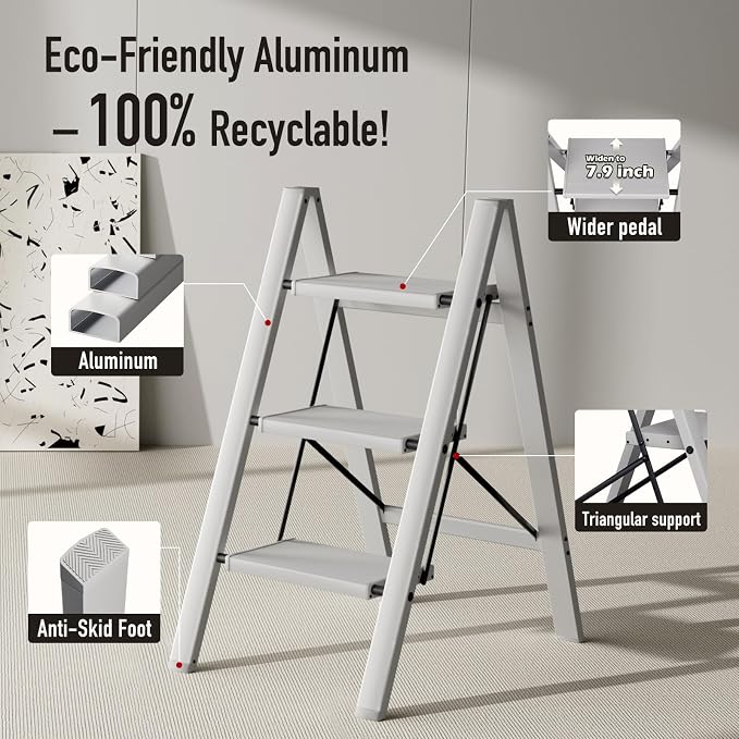 Mayi Plus 3 Step Stool Foldable, Aluminum, Lightweight Step Ladder | Extra-wide anti-slip folding steps with 330 lbs, for home,kitchen,office,outdoor,Grey - Image 2