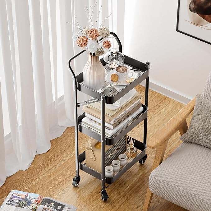 JAQ No Assembly Foldable Rolling Cart, 3 Tier Black Metal Folding Utility Cart with Handle, Heavy Duty Mobile Storage Organizer on Wheels for Office, Garage, Tools & Kitchen (Black) - Image 6