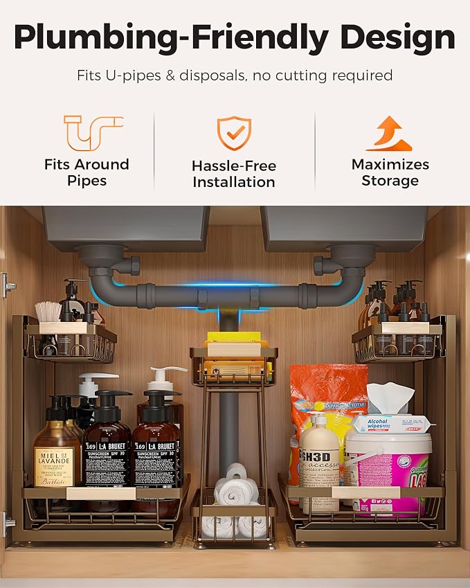 2026 Upgraded 3-Pack 2-Tier Adjustable Height Under Sink Organizer, Brown | Multi-purpose metal storage shelf with sliding shelves for kitchen, bathroom, pantry & laundry cabinet - Image 4