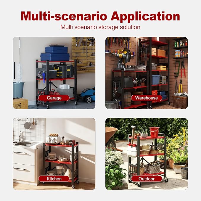 3-Tier Folding Shelf with Roller Casters for Storage Required. | Heavy-duty steel folding shelf Side Pegboard Construction Garage Shelves, Red And Black Perforated Shelves, No assembly - Image 6