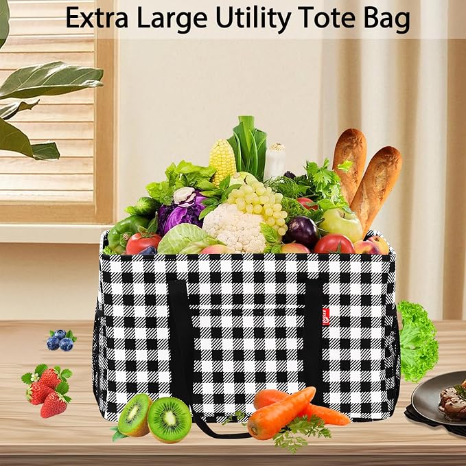 Extra Large Utility Tote Bag, Foldable Reusable Grocery Bags with Metal Wire Frame & Reinforced Bottom Board, Stand up Large Utility Tote for Groceries, Beach Bag, Laundry, Car (Cube Plaid) - Image 6
