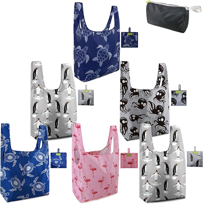 BeeGreen Animals Reusable Grocery Bags Turtle Peguins Flamingo Octopus Reusable Kitchen Bags Bulk Foldable-Machine Washable with Zipper Storage Pouch 6 Packs by BeeGreen