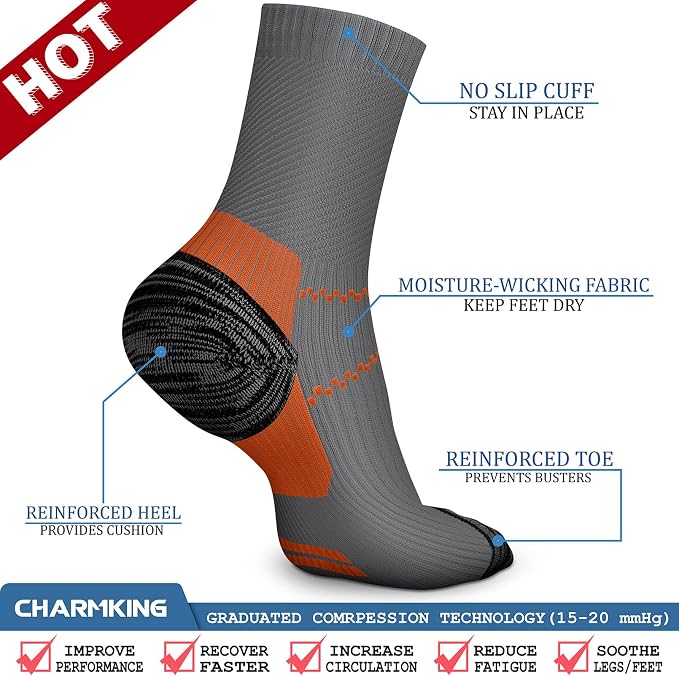 CHARMKING 6 Pairs Crew Compression Socks for Women & Men Circulation 15-20 mmHg is Best for All Day Wear Running Nurse - Image 5