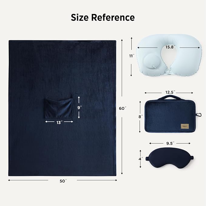 Bedsure Travel Blanket Set with Inflatable Neck Pillow and Eye Mask - Lightweight 3-in-1 Airplane Packable Blanket, Compact Travel Essentials, Navy - Image 6