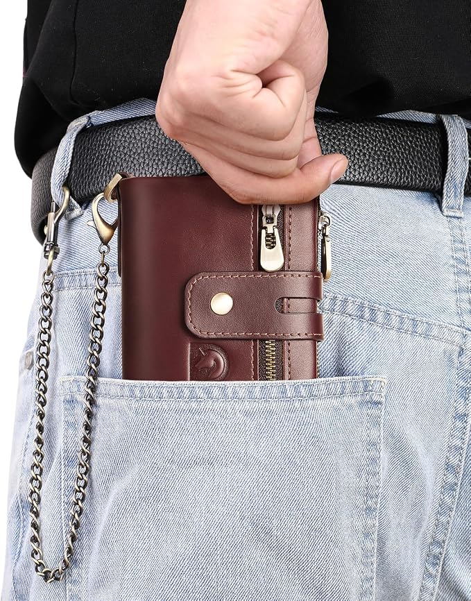 Chain wallets for men, Genuine Leather Biker Wallet with RFID Blocking Brown Color with Chain… - Image 5