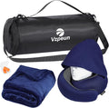 Travel Pillow and Blanket Set for Airplane, Hooded Memory Foam Neck Pillow | Soft blanket, privacy hood, earplugs, carry bag and memory foam neck support for airplane travel, long flights and road trips by Vzpeun