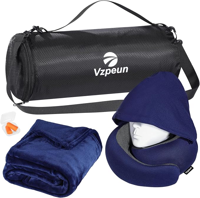 Travel Pillow and Blanket Set for Airplane, Hooded Memory Foam Neck Pillow | Soft blanket, privacy hood, earplugs, carry bag and memory foam neck support for airplane travel, long flights and road trips by Vzpeun