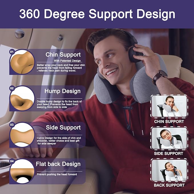 napfun Neck Pillow for Traveling, Upgraded Travel Neck Pillow for Airplane 100% Pure Memory Foam Travel Pillow for Flight Headrest Sleep, Portable Plane Accessories, Light Grey - Image 2