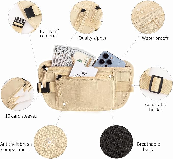 Money Belt for Travel Fanny Pack for Men Hidden Travel Pouch Fanny Pack for Women Hidden Rfid Passport Holder for Travel (Beige) - Image 2