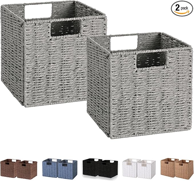 Storage Basket, Set of 2 Hand-Woven Paper Rope Wicker Baskets for Storage, Foldable Cube Storage Bins Organizer, 9 inch Medium Wicker Storage Baskets for Shelves Pantry Organizing Decor, Grey by Vagusicc