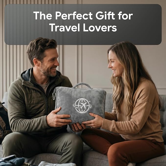 2-in-1 Travel Blanket and Pillow – Lightweight, Compact, Ultra Soft, Machine Washable – Handle, Luggage Sleeve, Backpack Clip – for Travel Airplane, Car, Office (Gray) - Image 7