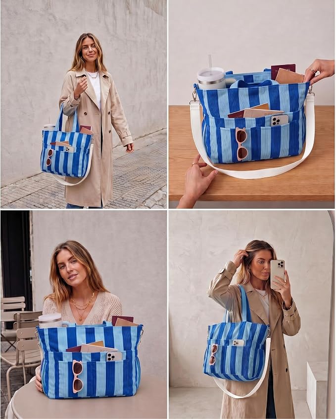 Kacctyen Striped Beach Tote Bag for Women Large Beach Foldable Tote Bag with Zipper Pockets for Travel Pool - Image 7