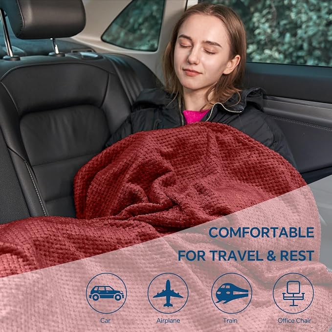 BEDELITE Travel Blanket with Bag, Jacquard Fleece Blanket 65"x40", Burgundy | Ultra-soft Airplane Blanket, Luggage Sleeve & Backpack Clip, Travel Essentials for Women, Foldable as Pillow for Long Flight - Image 7