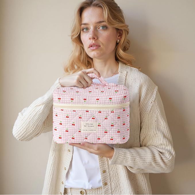 HBselect Quilted Makeup Bag, 3Pcs Cotton Large Travel Makeup Bags Organizer | Cute Floral Make up Bag Cosmetic Bag Toiletry Bag for Women Girls, Makeup Pouch for Skincare, Brushes & Travel Essentials - Image 7