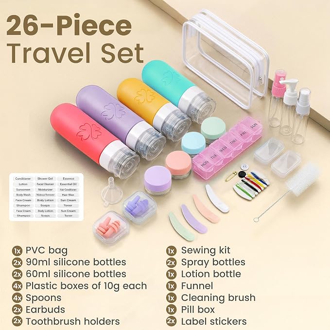 26-Piece TSA Approved Travel Toiletry Kit, Leak-Proof Silicone Refillable Bottles for Shampoo, Conditioner & Lotion, Travel Size Containers with Pill Organizer, Spray Bottle & Sewing Kit - Image 2