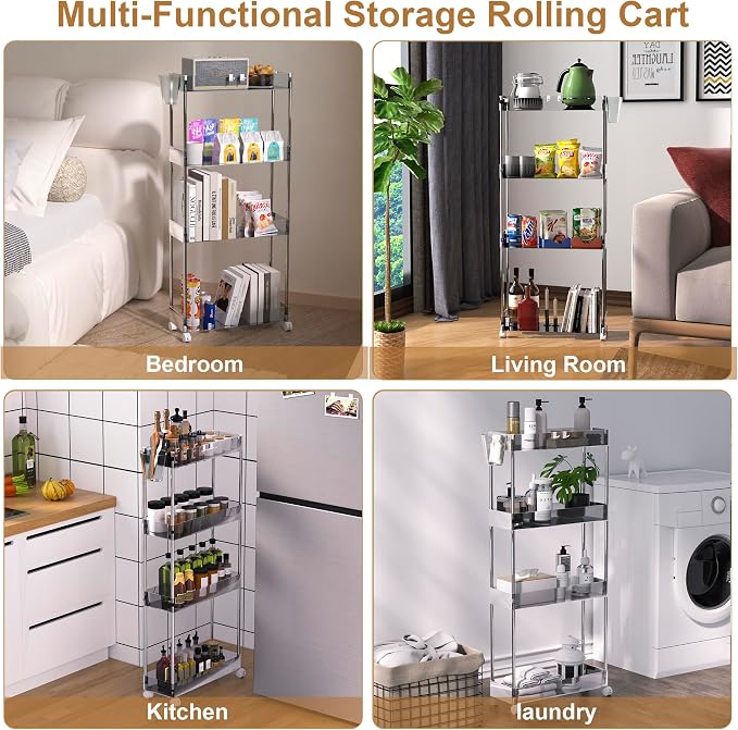 VECELO Acrylic 4-Tier Rolling Cart, Slim Utility Cart for Storage, Mobile Storage Cart with Lockable Wheels Hooks&Bucket for Office,Kitchen,Laundry Room Bathroom Living Room, Clear - Image 4