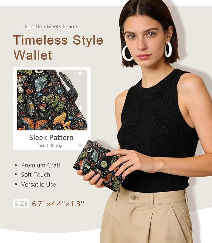 Mushroom Wallet Women RFID Goth Passport Holder Credit Card Holder | 6.7" x 4.4" x 1.3" Bifold, Travel billfold, Zipper Pocket, PU Leather, Clutch, Purse, ID Window, Pen Holder, Gift Ladies Girl - Image 2