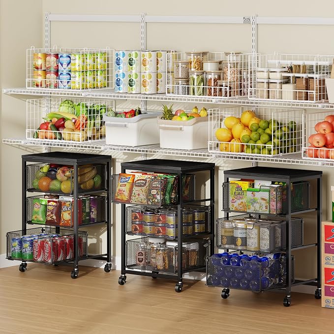 Pantry Organizer and Storage Cart, 3-Tier Kitchen Storage Cart with Drawer, Fruit Vegetable Storage Cart with Wheels, Wooden Top Metal Wire Kitchen Organizer Rack Stand for Food Snack Onion Potato by FollowWithYociyogaTogether