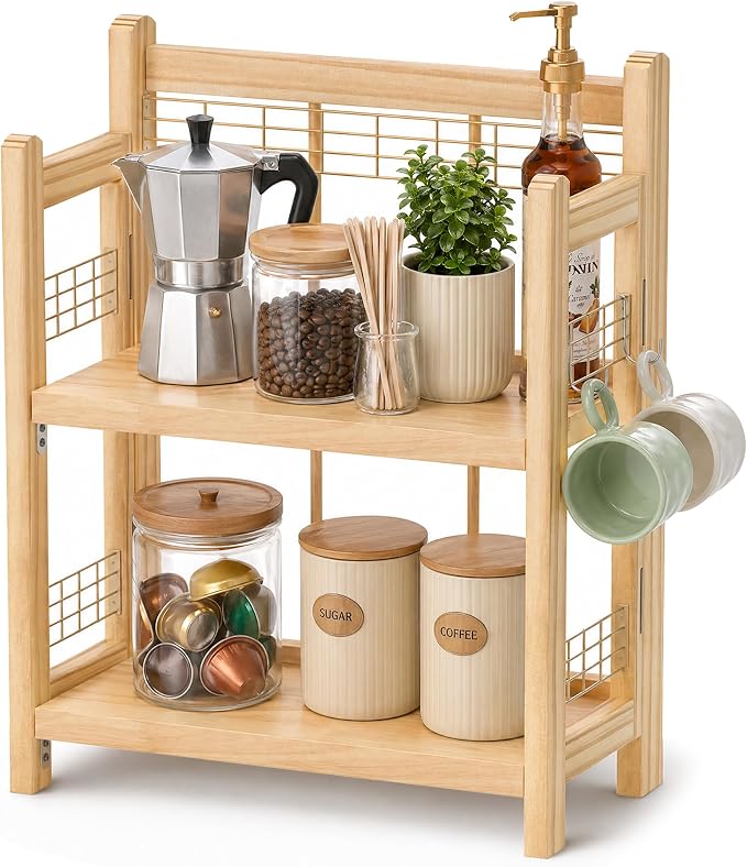 No-Assembly Coffee Bar Organizer, 2-Tier Coffee Station Shelf | Foldable Oak Wood Shelf, Coffee Station Accessories Storage for Syrup & Pod, 3 Hooks for Mugs, Kitchen Condiment Rack Natural by JNFUZ