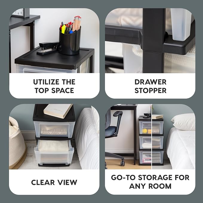 IRIS USA 3-Drawer Slim Narrow Storage Organizer, 2-Pack, Black/Clear | Organize craft supplies, school essentials, beauty items, and small household accessories with compact drawer storage - Image 4