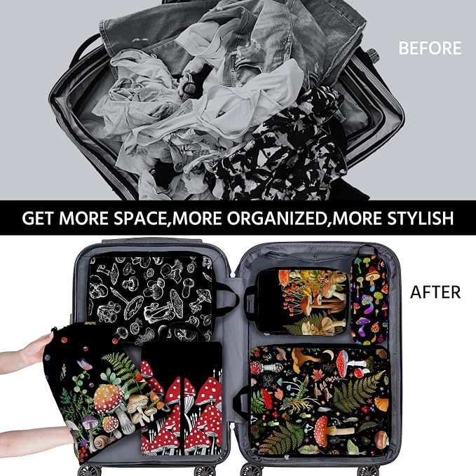 6 Pcs Compression Packing Cubes Waterproof Suitcase Travel Bag Luggage Backpack Organizer Travel Cubes for Packing-Black Mushroom - Image 4