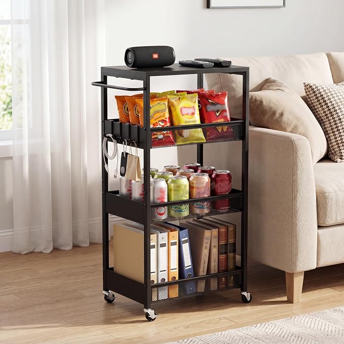 Rolling Utility Cart, 4 Tier Metal Storage Cart with Handle and Wood Top, Multifunctional Mobile Shelf Unit Organizer Trolley for Laundry, Bathroom, Kitchen by Vincona