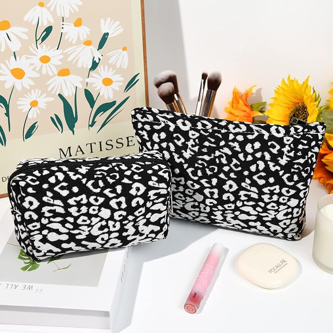 SOIDRAM 2 Pieces Leopard Print Makeup Bag Large Cosmetic Bag Capacity Canvas Mix Travel Toiletry Bag Organizer Cute Makeup Brushes Aesthetic Accessories Storage Bag for Women, Leopard Print Mix Black - Image 6