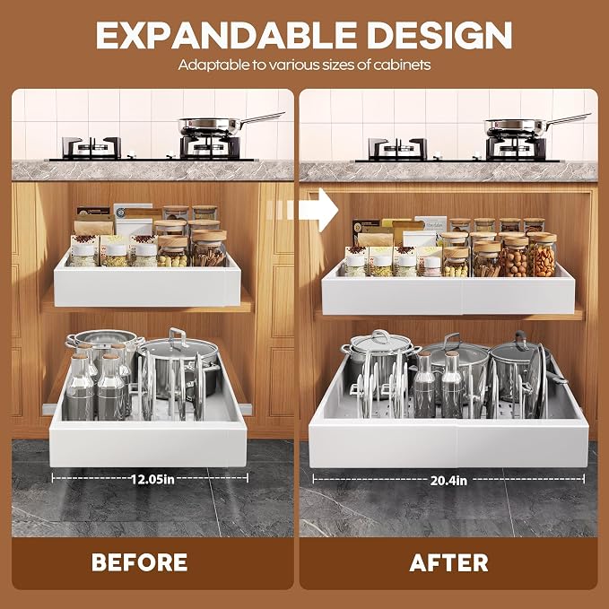 Seinloes 6 Pack Expandable Pull Out Cabinet Organizer 21"Deep With Raising Pad for Framed Cabinets,Slide Out Drawers With 4pcs Divider Racks,No Drill Roll Out Shelf,Adjustable Width 12.05"-20.4"White - Image 3