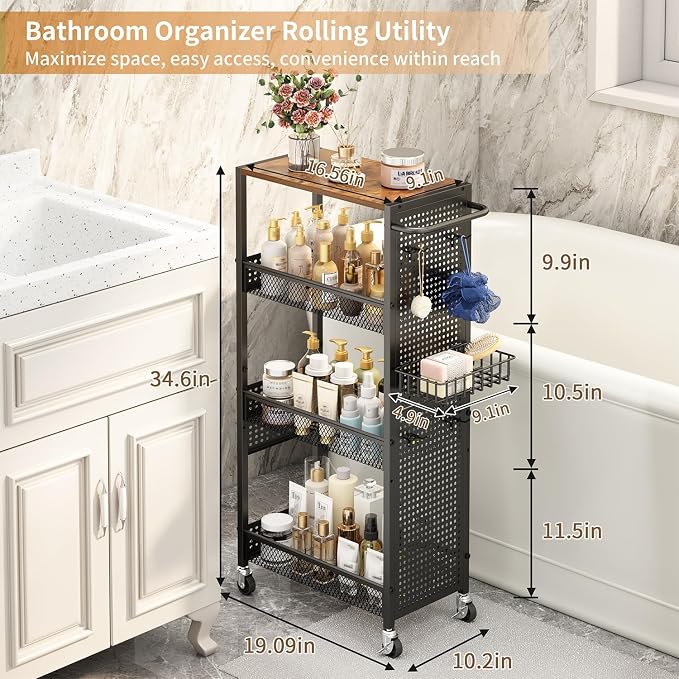 Slim Storage Rolling Cart: 4-Tier Narrow Metal & Wood Utility Cart with Wheels for Kitchen/Laundry/Bathroom(Black) - Image 2