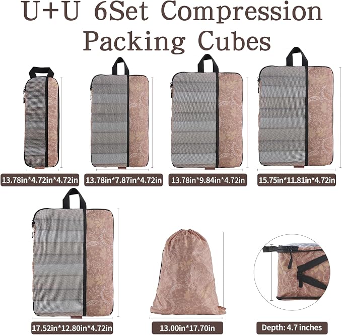 U+U 6 Set Compression Packing Cubes, Travel Organizers (Paisley Pattern) | Space-Saving & Drawstring Bag Included - Image 5