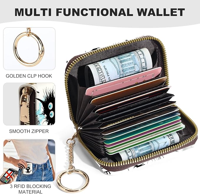 Credit Card Holder for Women,Small Rfid Wallet with Keychain Zipper,Cute PU Leather Card Case Wallet，Accordion Credit Card Wallets Gift,Cat Struck by Lightning - Image 2