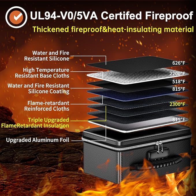 ENGPOW Fireproof Money Box with Lock & Heat-Resistant Fireproof Zipper | 6400°F 12-Layer Fire Protection,Small Hard Case with Multi-Pocket,Portable Home Chest Safe Storage for Money, Jewelry, Black - Image 8