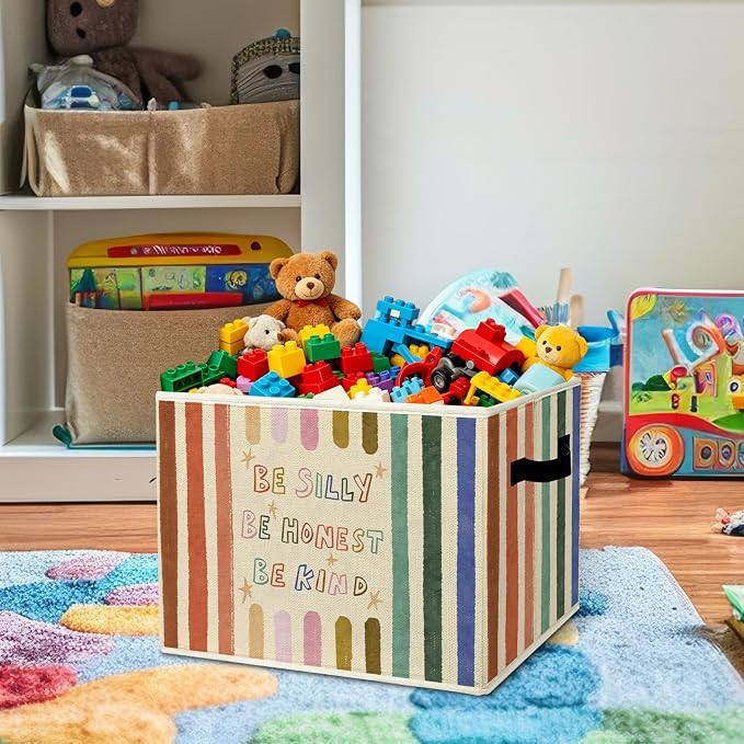 Rustic Inspirational Storage Bins & Boxes with Handles, Toys Books Clothes, Be Silly Honest Kind Colorful Striped Nursery Foldable Basket for Organizing Bedroom Toddler Room Playroom - Image 2