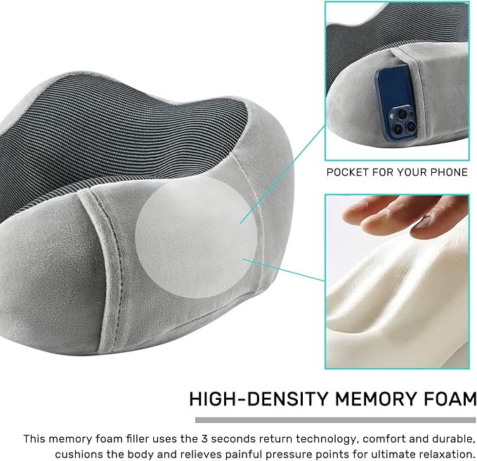 urnexttour Neck Pillow Airplane Travel Pillow 2 Pack Black and Grey | Memory Foam Soft Support Travel Neck Pillow for Travelling, Sleeping Rest, Car, Train and Home Use - Image 5