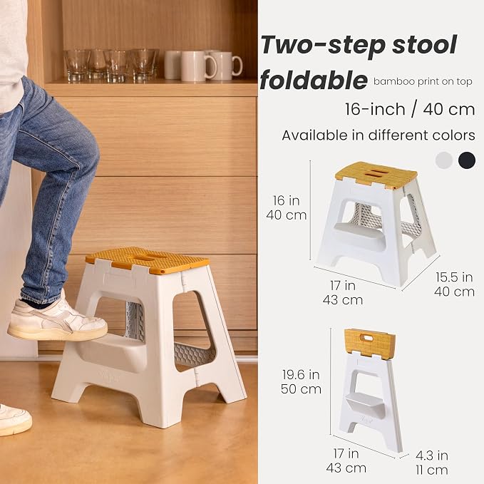 Vigar Compact Folding Step Stool, 16 in 2 Step, Gray Bamboo Print | 16 in Foldable Stool, Lightweight Portable Design, Handle, Non Slip Surface, Space-Saving, Supports up to 330 lb - Image 2