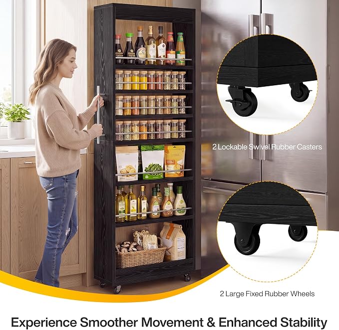Tribesigns 73" Tall Slim Storage Cart on Wheels, 7-Tier Narrow Pantry Cabinet, Rolling Skinny Spice Rack Organizer Next to Fridge, Wooden Pull-Out Storage Shelf for Kitchen Small Spaces, Black - Image 6