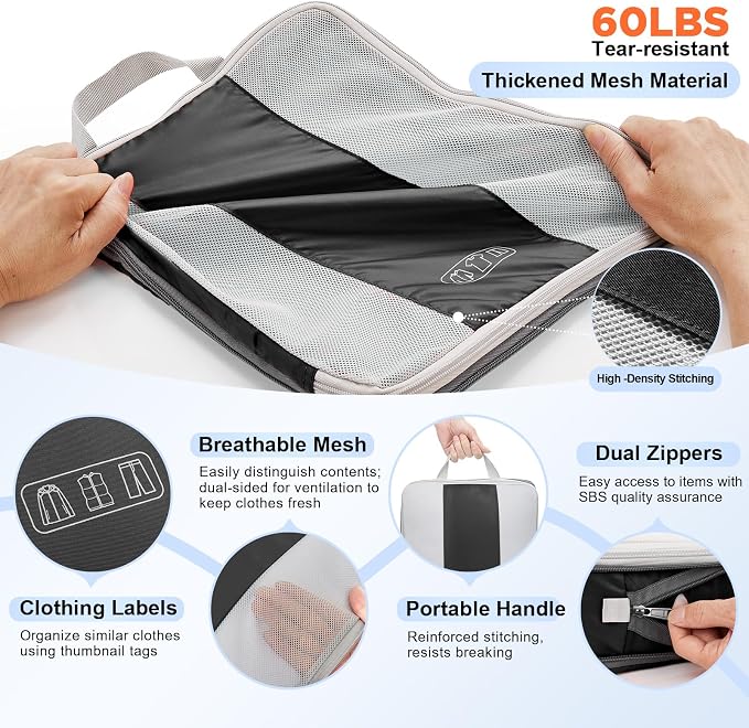 OlarHike 10 Set Compression Packing Cubes for Travel Essentials,Compressible Expandable Space Saver Bags for Organizing Clothes,Luggage Suitcase Garment Bags with Over 1000 pcs Mesh Holes(Black) - Image 8