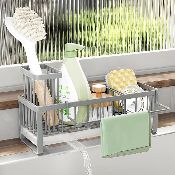 SWTYMIKI Sponge Holder for Kitchen Sink - Sink Caddy with Brush Holder Self-draining Sponge Caddy Organizer with Divider Stainless Steel Kitchen Accessories Storage for Countertop, Gray by SwtyMiki-TidyHomeSweetLife