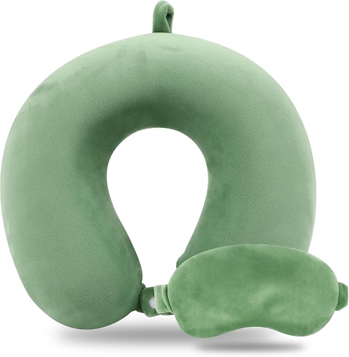 Sexysamba Pure Memory Foam Travel Pillow Set for Adults-Comfortable & Removable Machine Washable Cover, Neck Support Pillow Airplane Travel Kit with Eye Mask for Portable Plane Accessories-Green by Sexysamba