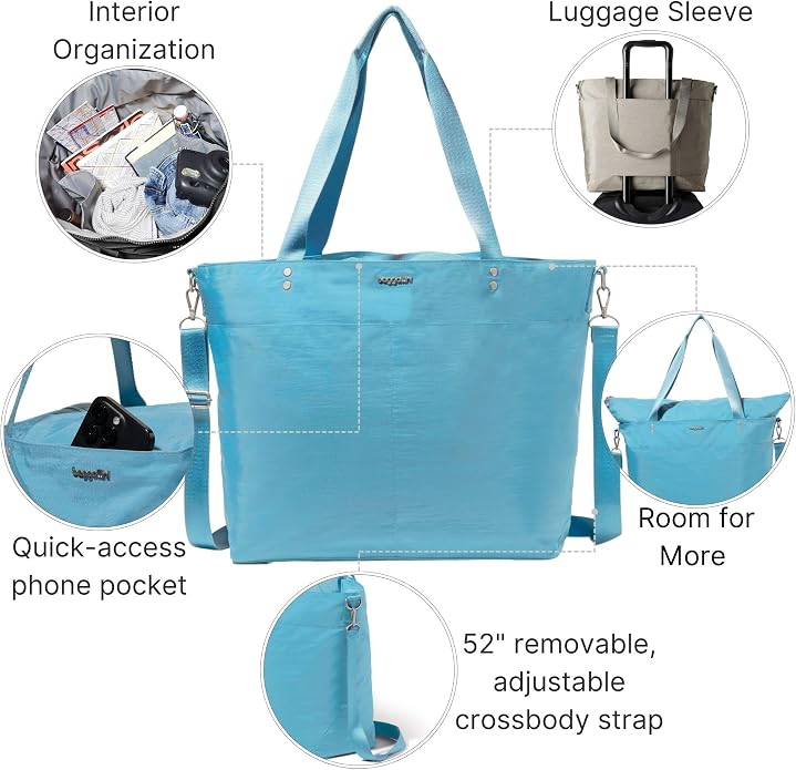 Baggallini Carryall Tote - Lightweight Nylon Zipper Top Weekender Travel Beach Bag w/Luggage Sleeve - Image 3