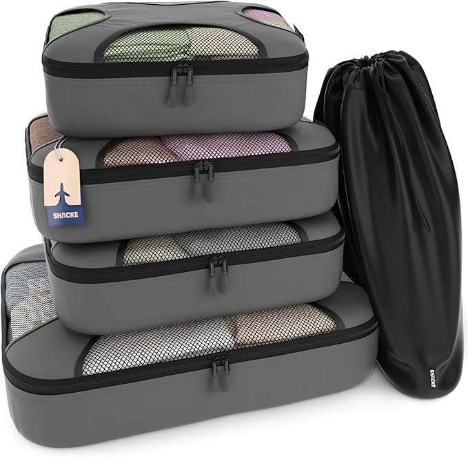 Shacke 5 Set Packing Cubes for Travel with Laundry Bag (Dark Grey) | Suitcase Organizer Bags Set: 4 Water-Resistant Luggage Cubes, XL to Small, + Laundry Bag for Carry-On or Checked by Shacke