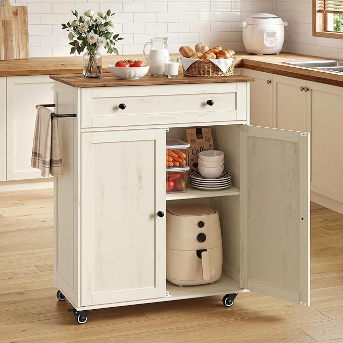 VASAGLE Mobile Kitchen Island with Storage Cabinet for Kitchen, Dining Room | Portable Mobile Cart on Wheels , 15.8 x 30.9 x 35.1 Inches, Rustic White and Honey Brown, SIREN Collection UKKI009WJ01S by VASAGLEbySONGMICSHOME