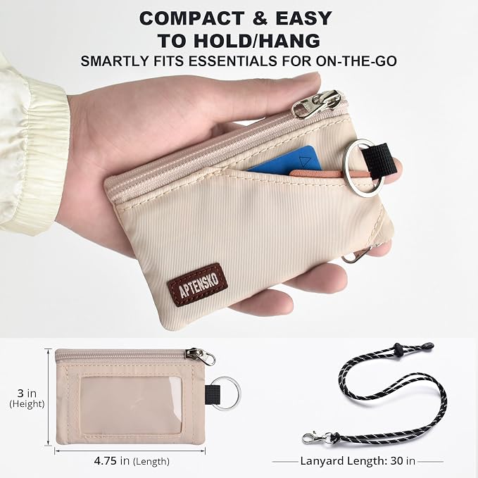 RFID Blocking Travel Wallet with Adjustable Lanyard, Small Nylon Zipper Pouch and Badge Holder for ID, Credit Cards, Cash, Keys, Commuters (Almond White) - Image 4
