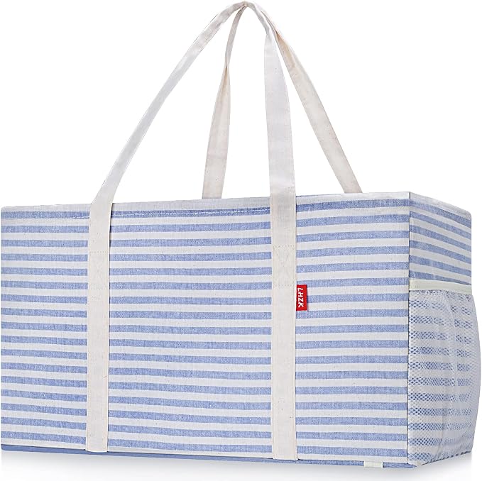 LHZK 2 Pack Extra Large Utility Tote Bag with Metal Wire Frame and the Sides Rinforced, Extra Large Tote Bag with Handle for Pool Beach Laundry Storage (Blue) by LHZK
