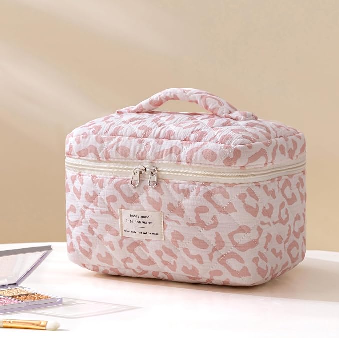 HBselect Quilted Makeup Bag, 3Pcs Cotton Large Travel Makeup Bags Organizer | Cute Floral Make up Bag Cosmetic Bag Toiletry Bag for Women Girls, Makeup Pouch for Skincare, Brushes & Travel Essentials - Image 5