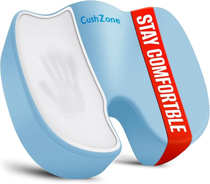 CushZone XXL Memory Foam Seat Cushion for Office & Car, Light Blue | U-shaped Coccyx Cutout, Contoured Design, Breathable Removable Mesh Cover, Non-Slip Base, Carry Handle by CushZone