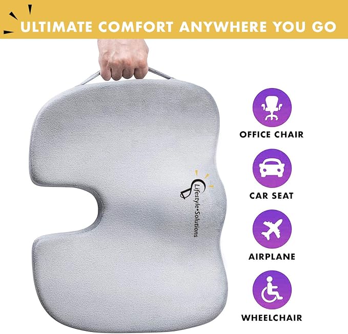 Large Seat Cushion with Carry Handle and Anti Slip Bottom, Large Gel Memory Foam Seat Cushion - Orthopedic Gel & Memory Foam - Coccyx Cushion for Tailbone Pain – Sciatica & Back Pain Relief (Grey) - Image 8