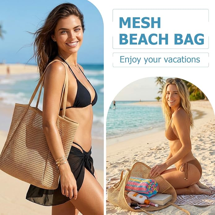 Iioscre Beach Bag for Women, Causal Hobo Handbags with Zipper Inner Pocket | Foldable Swim Tote Bag for Beach Vacation Essentials - Image 3
