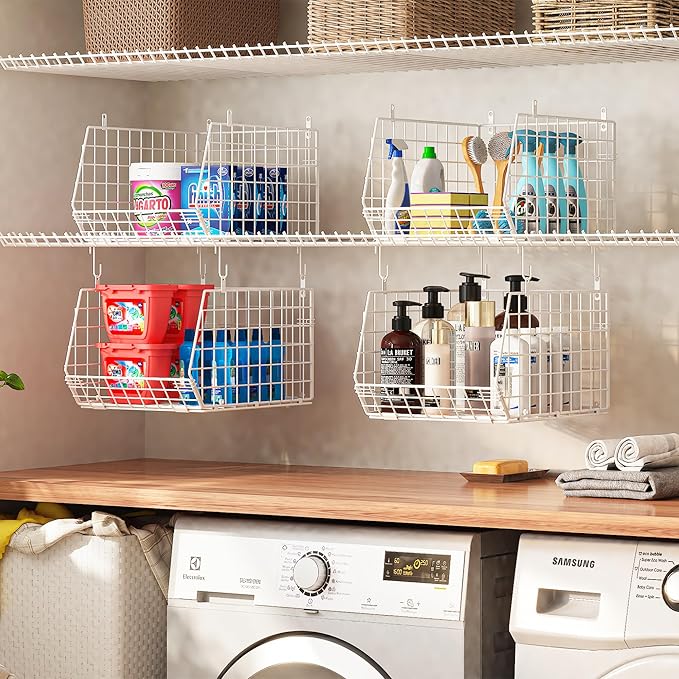 4" Extra Deeper Foldable Hanging Closet Organizer, Small Wire Cabinet Shelves and Storage with 5 S Hooks,4 Tier Metal Basket Bins for Clothes Sweaters Handbags, Wardrobe for Kitchen Laundry Room，White - Image 6